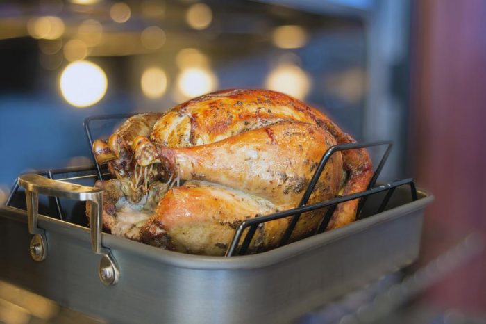 brined turkey in a hot pan