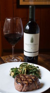 Grilled filet mignon with braised garden greens and Sequoia Grove Cabernet Sauvignon.
