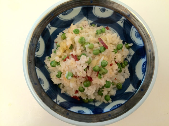 Takikomi-gohan, a sort of Japanese paella, with chorizo and peas.